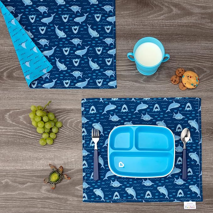 Funkins Reusable Cloth Placemats for Kids & Lunch Boxes | Reusable, Machine Washable, Eco-Friendly | 15"x13", 2-ply, Thick, Absorbent, Durable | Set of 2 Placemats (Sharks)