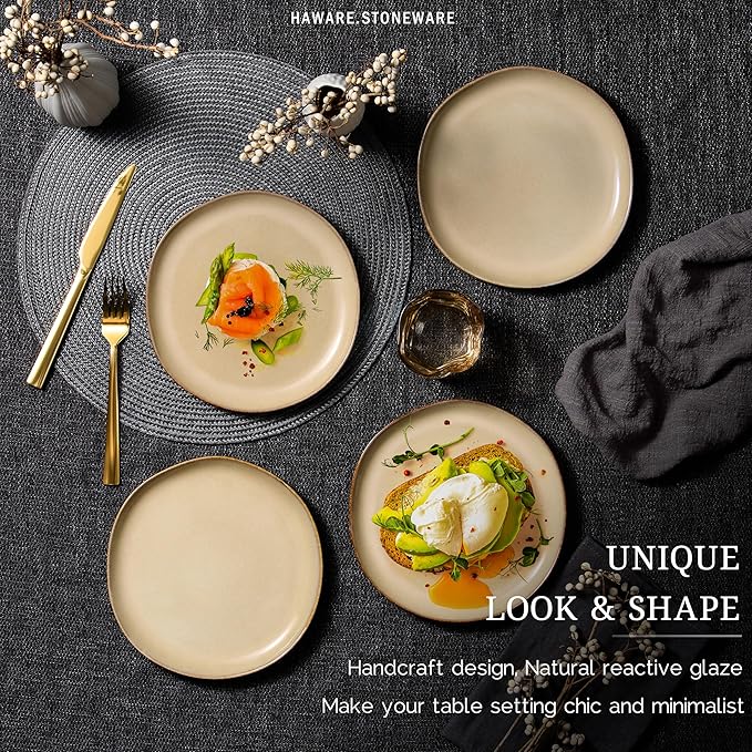HaWare Stoneware Salad Plates Set of 6, 7.9??Heavy Duty Ceramic Plates, Reactive Glaze Dinnerware for Home Restaurant, Chip and Scratch Resistant, Microwave and Dishwasher Safe, Reactive Sandy Khaki