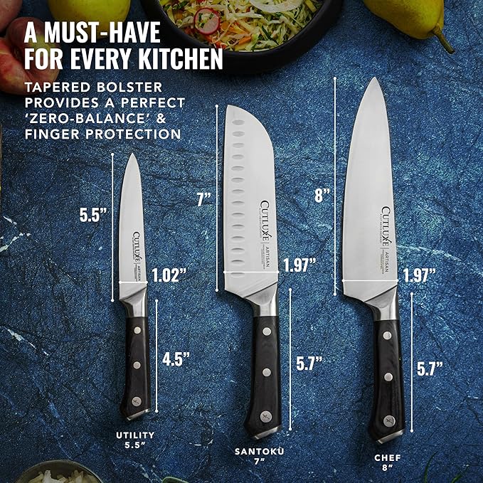 Cutluxe Chef Knife Set, 3 PCS Professional Chef's Knife Set ??Razor Sharp German Steel, Full Tang, Ergonomic Handles - Artisan Series