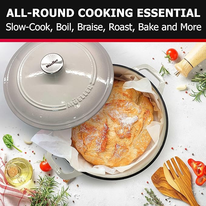 Mueller 6qt Enameled Cast Iron Dutch Oven, Heavy-Duty Casserole and Braiser Pan with Lid and Knob, Oven-Safe up to 500째 F & Across All Cooktops, White