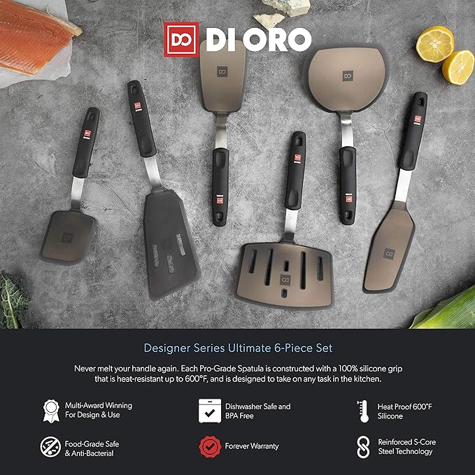 DI ORO Silicone Turner Spatula Set - Forever Warranty - Kitchen Spatulas for Nonstick Cookware - 600째F Heat-Resistant & BPA Free - Flexible & Thin Flippers for Turning Eggs & Pancakes (6 Piece, Black)