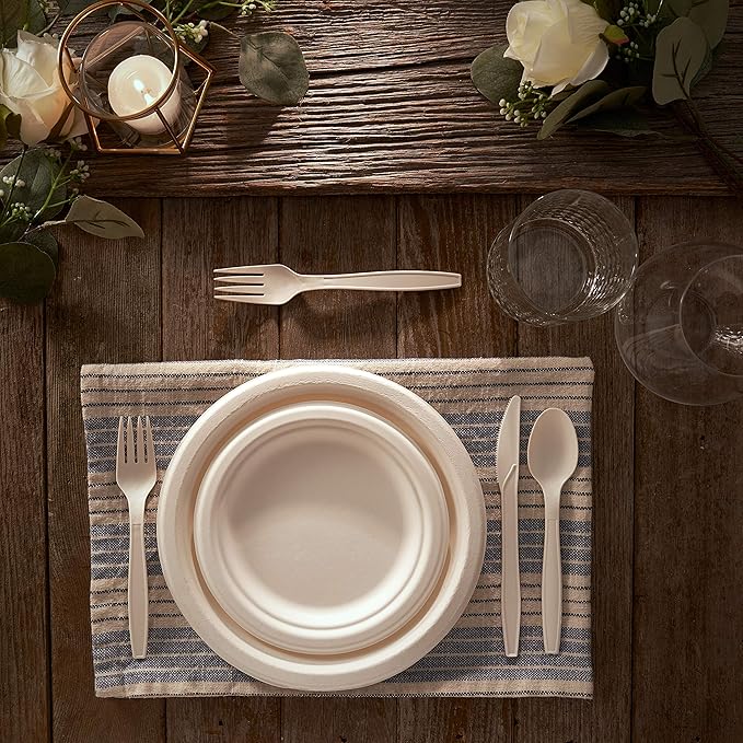 250 Piece Biodegradable Paper Plates Set (EXTRA LONG UTENSILS), Disposable Dinnerware Set, Eco Friendly Compostable Plates & Utensil include Plates, Forks, Knives and Spoons for Party