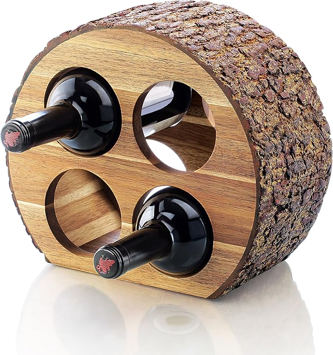 Artaste 48537 Acacia Wood Countertop Wine Rack with Natural Bark, 4-Bottles