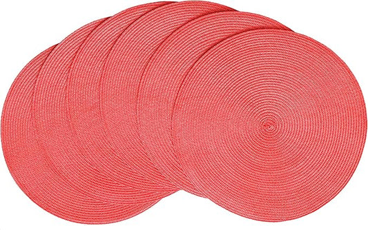 HODJOY Placemats Set of 6, Round Woven Table Mats for Dining Table, Washable Non-Slip Placemats for Christmas, 15 inches (Tango Red)