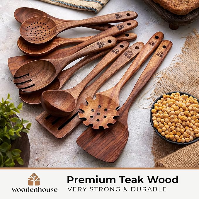Wooden Spoons for Cooking ??10 Pc Teak Wood Utensil Set, Durable, Nonstick Safe & Heat Resistant with Ergonomic Handles - Unique Kitchen Gifts for Women Men, Cooking Gifts for Men Women