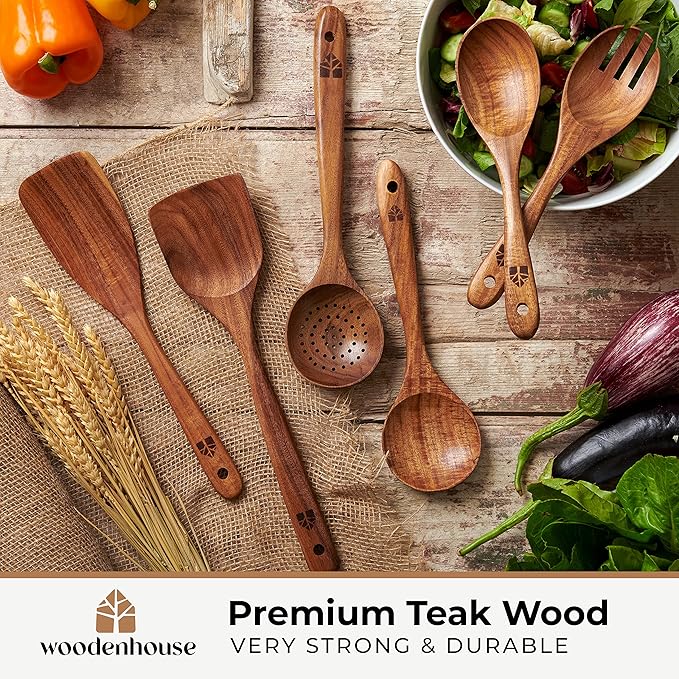 Wooden Spoons for Cooking ??Wooden Kitchen Utensils Set, 6 Pcs Teak Wood Utensil Set ??Comfortable Grip Non?밪tick Wooden Cooking Utensils - Kitchen Gifts for Women Men, Cooking Gifts for Men Women