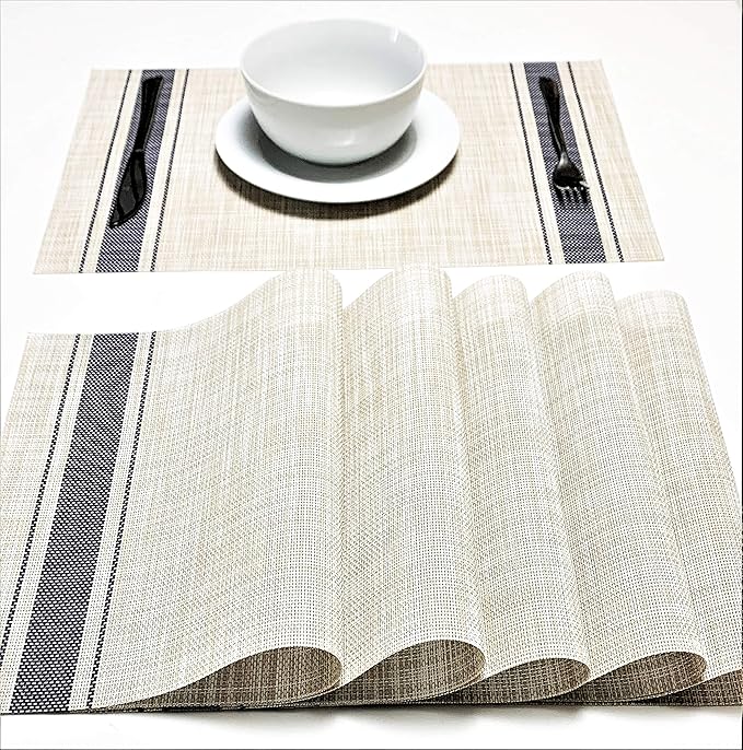 Set of 12 PVC Vinyl Woven Place mats, Heat Insulation Stain Resistant Stripe Placemats for Dining Table Durable Cross Weave Woven Vinyl Kitchen Table Mats Placemat (Blue)