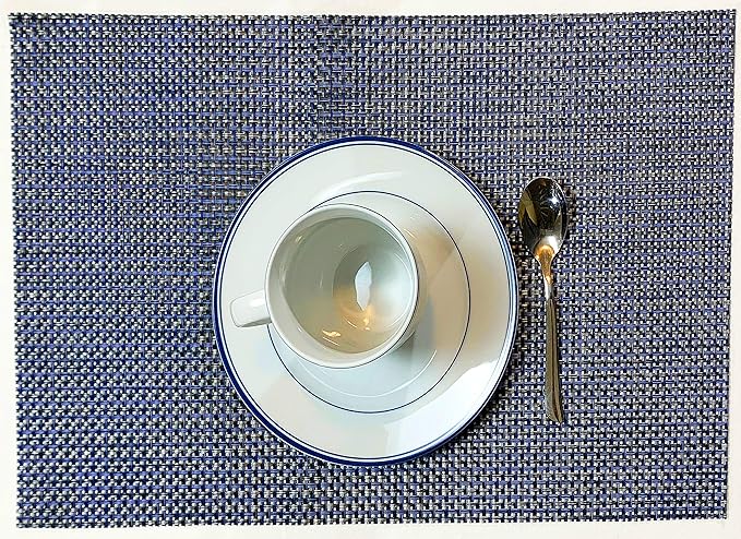 Jutemill Set of 12 Navy PVC Vinyl Woven Place mats, 12" x 18 inches Heat Insulation Stain Resistant Placemats for Dining Table Durable Cross Weave Woven Vinyl Kitchen Table Mats Placemat (Solid Navy)