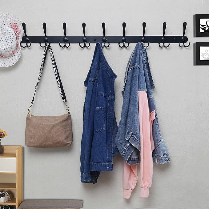 Dseap Coat Rack Wall Mount - 38??Long 10-Tri-Hooks Heavy Duty Coat Hanger Rail Wall Hooks for Hanging Coats Hats Clothing Clothes Purse Mudroom Entryway, Black, Pack of 2