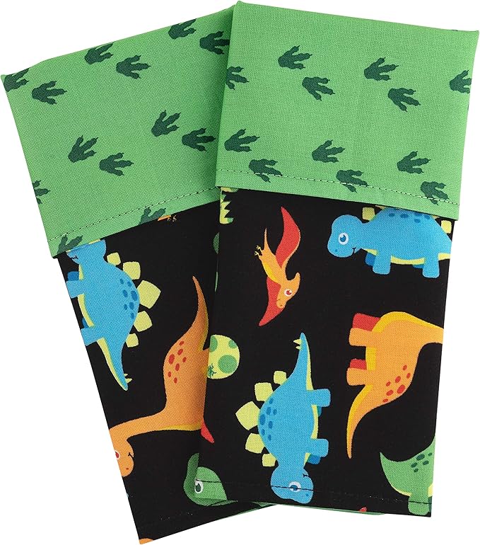Funkins Reusable Cloth Placemats for Kids & Lunch Boxes | Reusable, Eco-Friendly | 15"x13", 2-ply, Thick, Absorbent, Machine Washable | Set of 2 Placemats (Black Dinosaurs)
