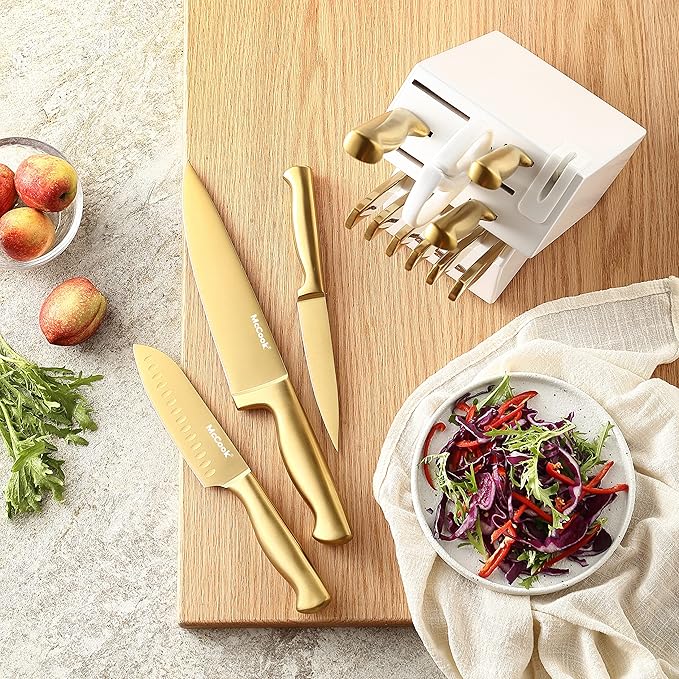 McCook짰 Knife Sets, Golden Titanium Stainless Steel Kitchen Knife Block Sets with Built-in Sharpener
