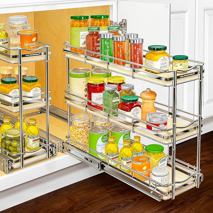 LYNK PROFESSIONAL짰 횋lite??Pull Out Spice Rack Organizer for Inside Kitchen Cabinets - 6"x21" - Slide Out Drawer ??Wood/Chrome Sliding Spice Cabinet Organization Shelf Racks - 3 Tier