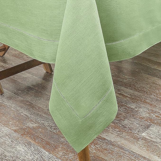 D'Moksha Homes Sage Green Linen Tablecloth for Rectangle Tables 60 x 144 Inch - 100% Pure Linen Green Table Cloth - Classic Hemstitch, Machine Washable Dining Tablecloth for St Patricks Day, Easter