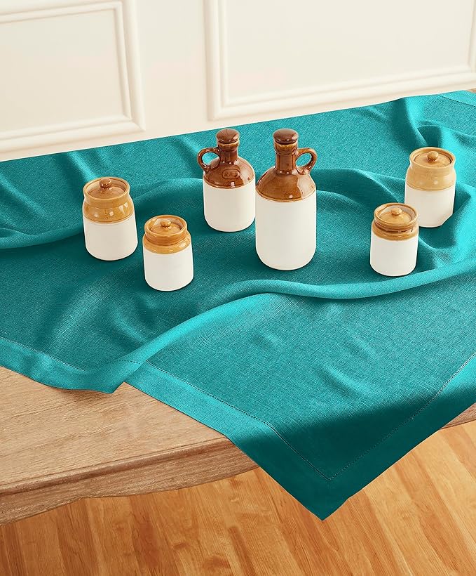 Solino Home Linen Square Tablecloth 52 x 52 Inch - 100% Pure Linen Teal Table Throw - Classic Hemstitch, Machine Washable Table Cloth