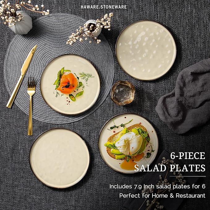 HaWare Stoneware Plates Set of 6, 7.9??Salad Plates, Reactive Glaze Ripple Ceramic Dish Set for Appetizer, Dessert, Scratch Resistant, Small Dinner Plate, Microwave and Dishwasher Safe, Saturn Khaki