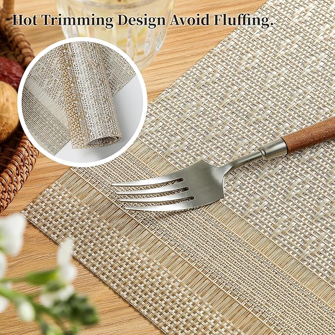 Leetaltree Stardust Yellow Placemats Set of 8 - Heat Resistant Non-Slip Place mats for Dining Table, Washable Durable PVC Vinyl Woven Table Mats（Stardust Yellow, 8）