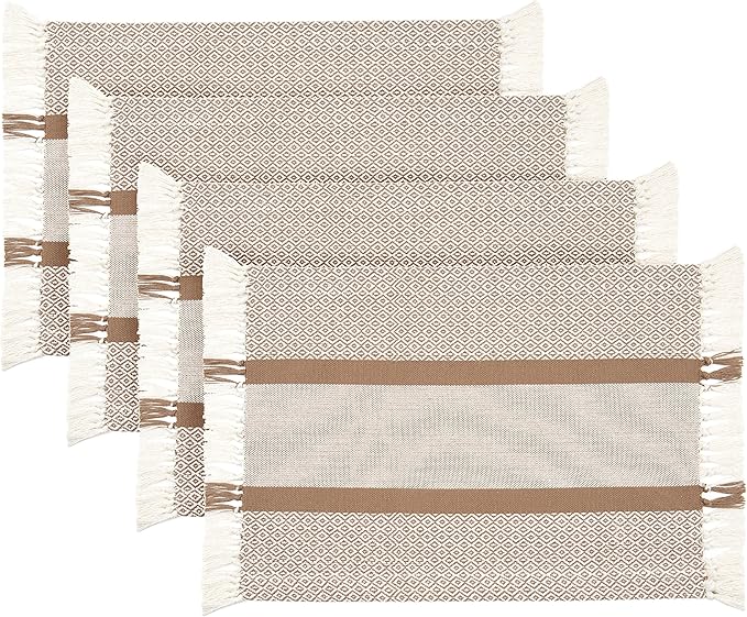 Sticky Toffee Cotton Placemats Set of 4 ??Tan Woven 14x19 in Table Mats for Kitchen or Dining Table, Boho Style, Washable Cloth Placemats
