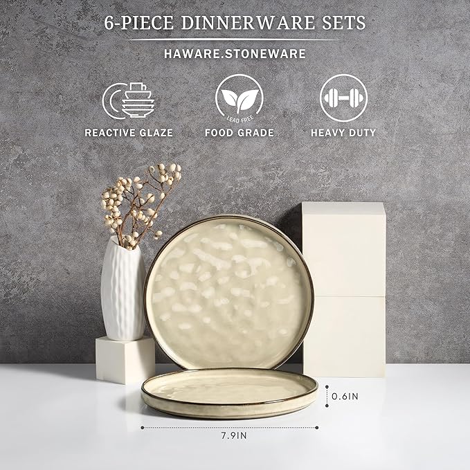 HaWare Stoneware Plates Set of 6, 7.9??Salad Plates, Reactive Glaze Ripple Ceramic Dish Set for Appetizer, Dessert, Scratch Resistant, Small Dinner Plate, Microwave and Dishwasher Safe, Saturn Khaki