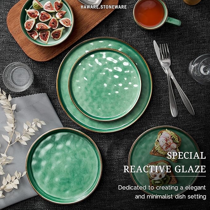 HaWare Dinnerware Sets, 12-Piece Plates and Bowls Set, Stoneware Dish Set for 4, Ceramic Dinnerware for Home Restaurant, Chip and Scratch Resistant, Microwave and Dishwasher Safe, Reactive Green