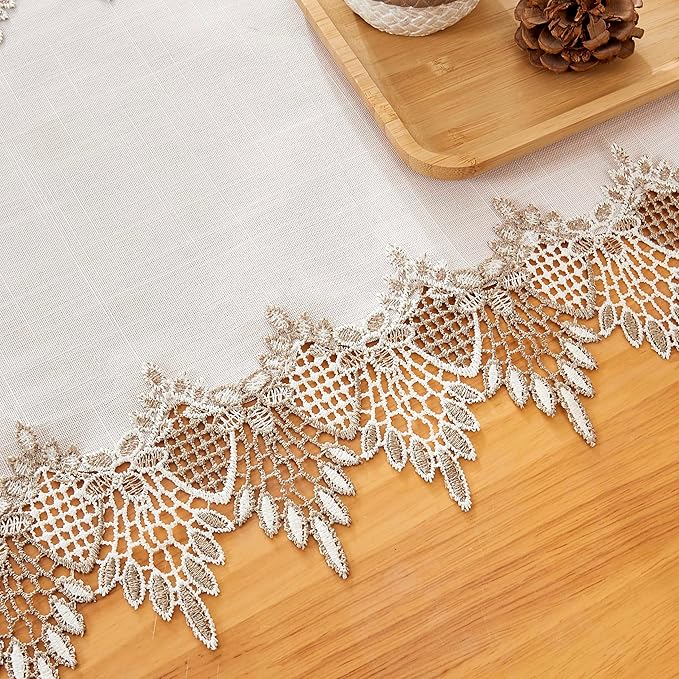 Raedan White Linen Table Runner 54 inches Long, Neutral Earth Tones Beige Lace Vinyl Dresser Scarf for Kitchen Coffee Table Wedding Party Home Decor(White, 16?쓝54??