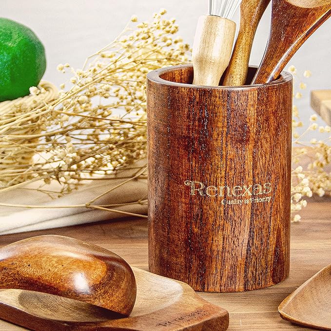 Natural Wooden Spoons for Cooking - 12 Pcs Non Teak Wooden Utensil Set Safe Kitchen Utensil Set with Nonstick Wood Spatula, Bamboo Wooden Cooking Utensils Set With Holder & 6 Hooks