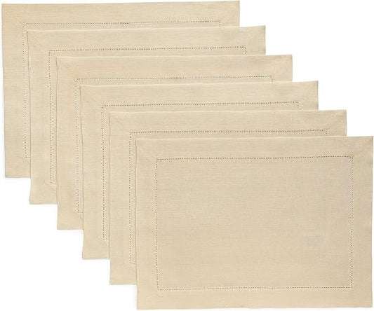 Solino Home Linen Cloth Placemats Set of 6-100% Pure Linen Hemstitch Beige Placemats 14 x 19 Inch - Classic Hemstitch Table Place Mats for Spring, Easter