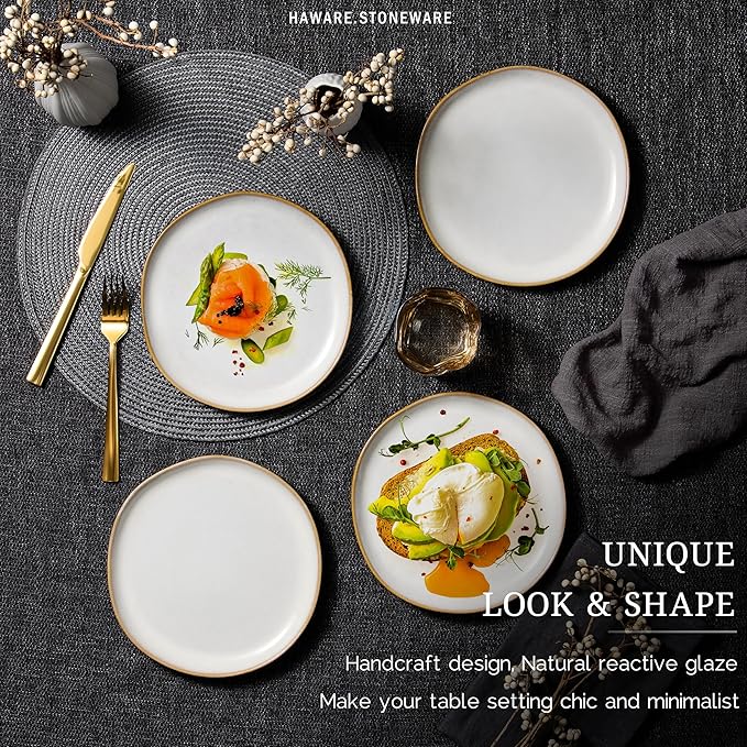 HaWare Stoneware Salad Plates Set of 6, 7.9??Heavy Duty Ceramic Plates, Reactive Glaze Dinnerware for Home Restaurant, Chip and Scratch Resistant, Microwave and Dishwasher Safe, Reactive Pearl White