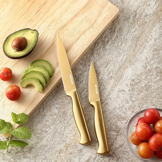 McCook짰 Knife Sets, Golden Titanium Stainless Steel Kitchen Knife Block Sets with Built-in Sharpener