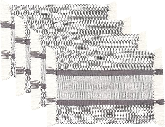 Sticky Toffee Cotton Placemats Set of 4 ??Gray Woven 14x19 in Table Mats for Kitchen or Dining Table, Boho Style, Washable Cloth Placemats