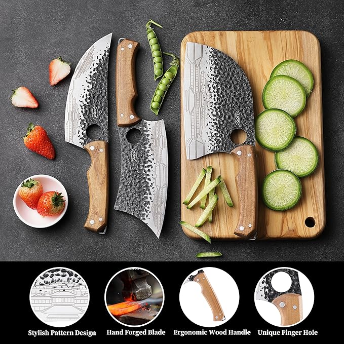 JJOO 3PCS Butcher Knife, Stainless Steel Butcher Knife Set with Wooden Handle, 7" Butcher Meat Cleaver, 7" Serbian Chef Knife and 6.5" Viking Knife, Indoor & Outdoor Use (Stylish Pattern)