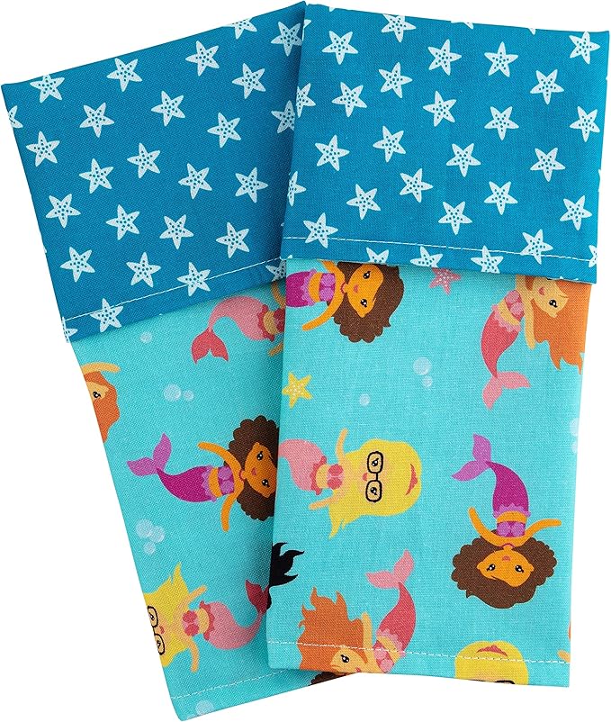 Funkins Reusable Cloth Placemats for Kids & Lunch Boxes | Reusable, Eco-Friendly | 15"x13", 2-ply, Thick, Absorbent, Machine Washable | Set of 2 Placemats (Mermaids)