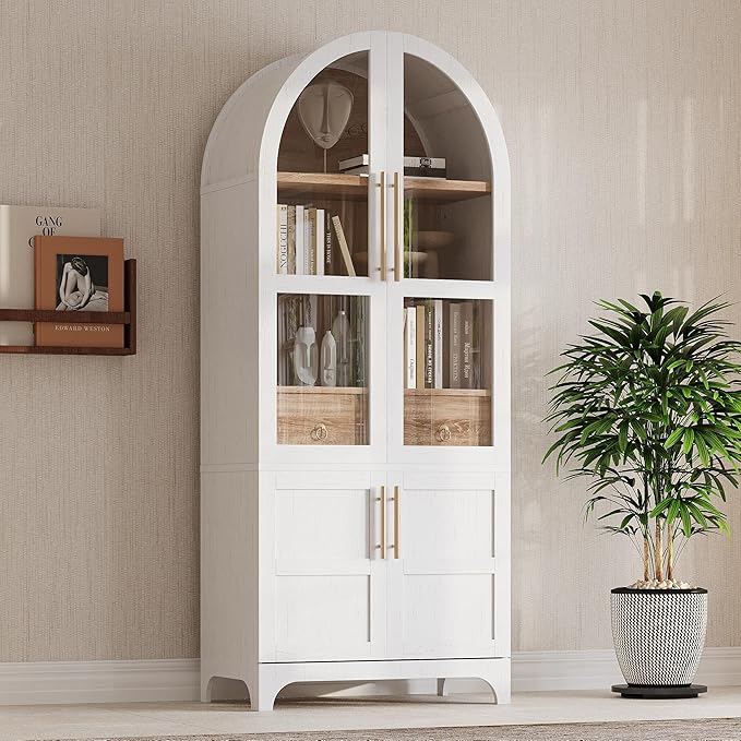 GDFStudio Mariah 71" Tall Arched Kitchen Pantry Cabinet with Hidden Drawer, Glass Door & Adjustable Shelves, Farmhouse Storage Cabinet Cupboard for Kitchen Dining Room, Home Pantry Storage, White