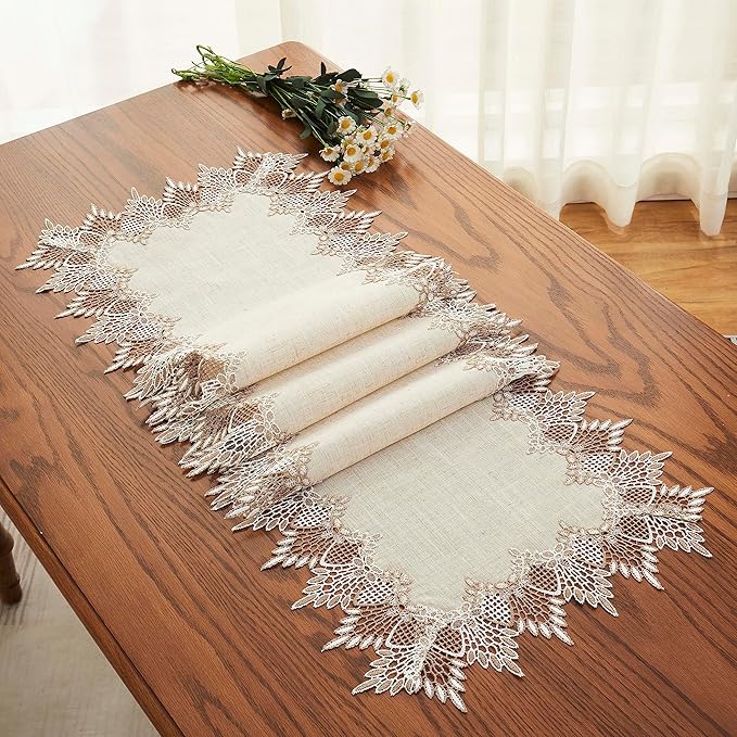 Raedan Natural Linen Table Runner 108 inches Neutral Earth Tones Beige Lace Handcrafted Table Runners Dresser Scarf for Spring Easter Summer Kitchen Wedding Party, Machine Washable (Natural, 16?쓝108??