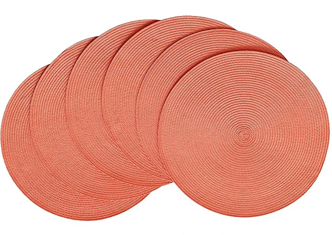 HODJOY Round Placemats Set of 6, Table Mats for Dining Table, Washable Woven Non-Slip Placemats for Halloween, 15 inch, Orange